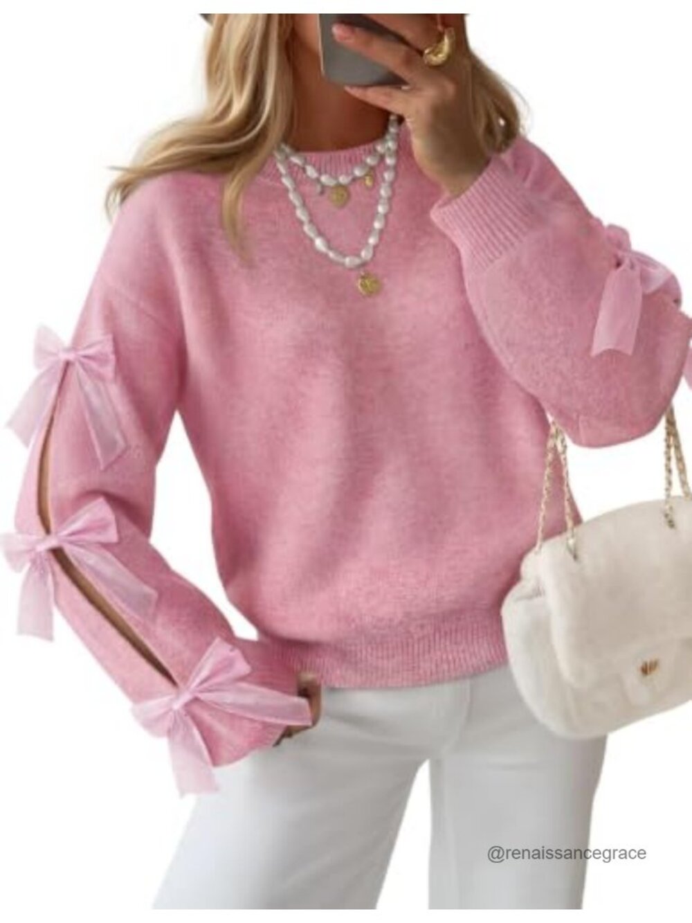 Oversized Bow Long Sleeve Crew Neck Pullover Sweater Chunky Knit